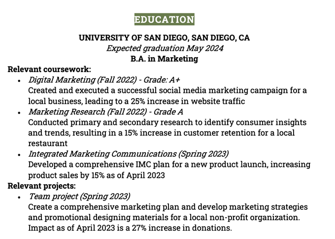 example of a marketing intern's resume education section featuring relevant coursework and projects