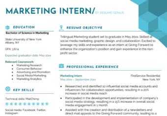 an example of of a marketing intern resume with turquoise headers