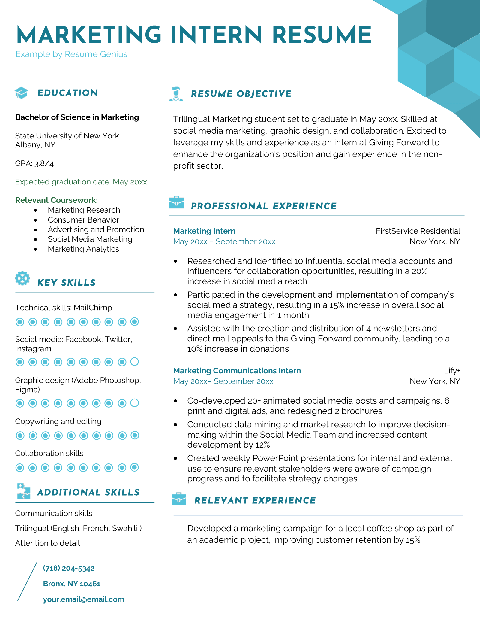 an example of of a marketing intern resume with turquoise headers