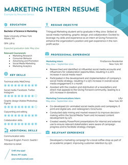 an example of of a marketing intern resume with turquoise headers