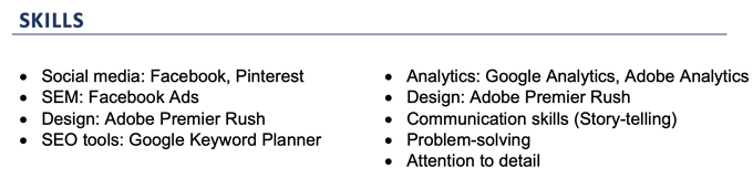 example of a marketing intern resume skills section