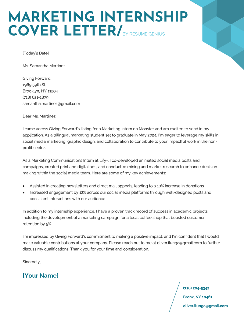 cover letter for an internship opportunity