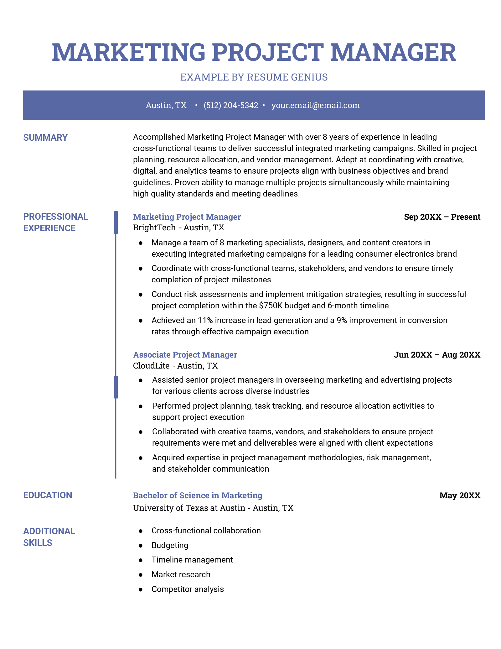 An example resume for a marketing project manager.