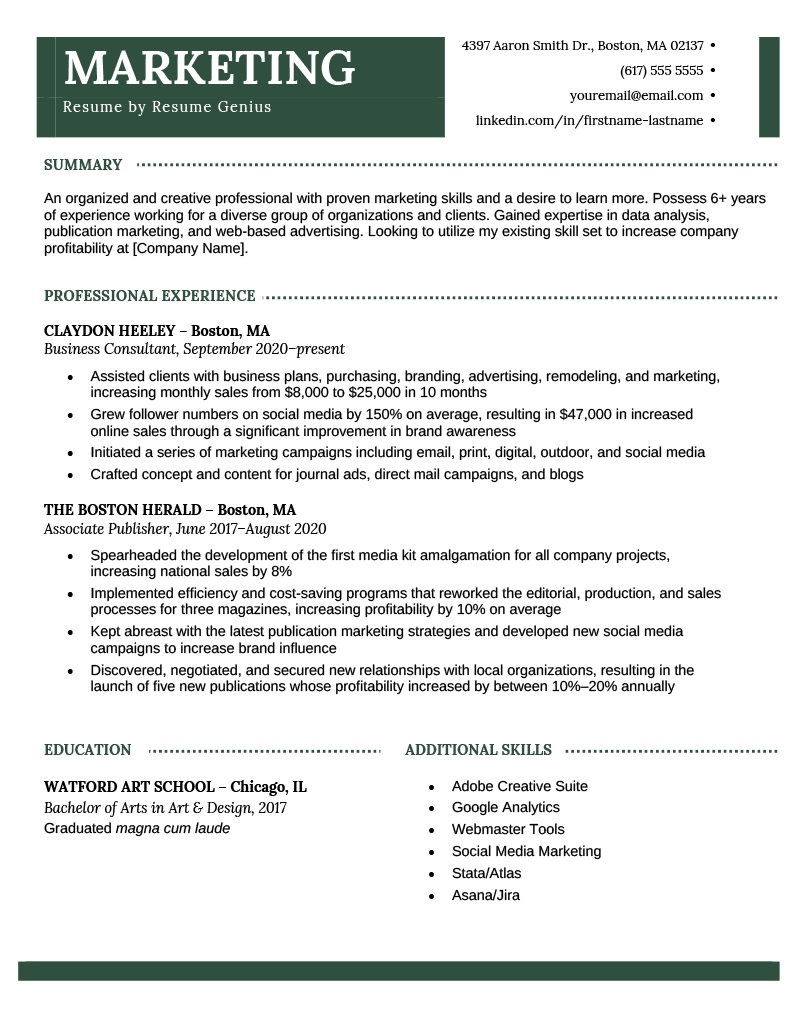 Marketing resume example and template for job seekers to download and use