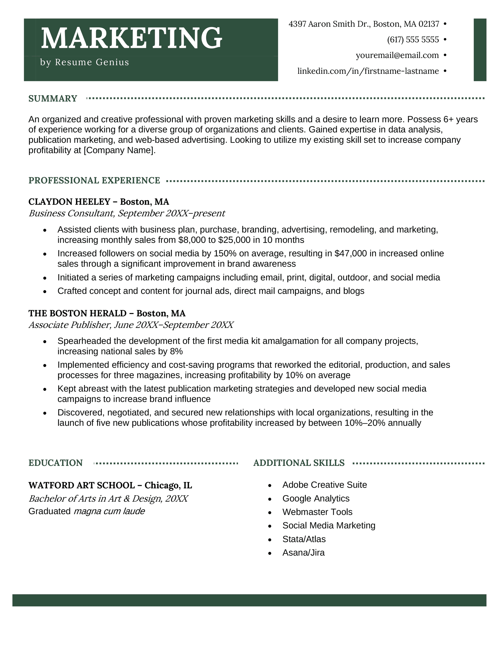 Marketing resume example and template for job seekers to download and use