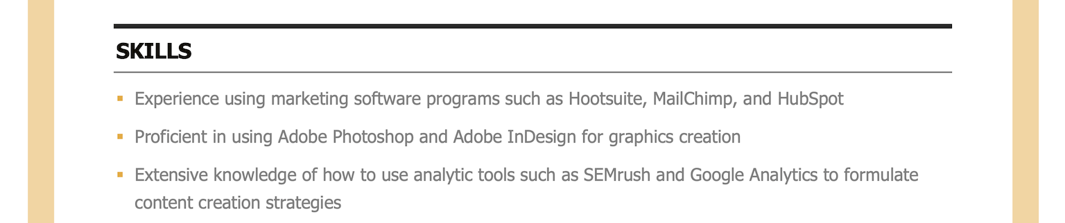  an image of the skills section of a full resume in Microsoft Word