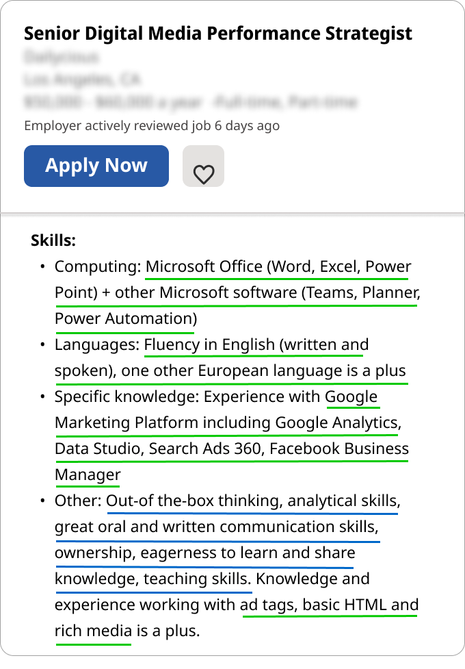 example of a marketing skills job ad with underlined hard and soft skills