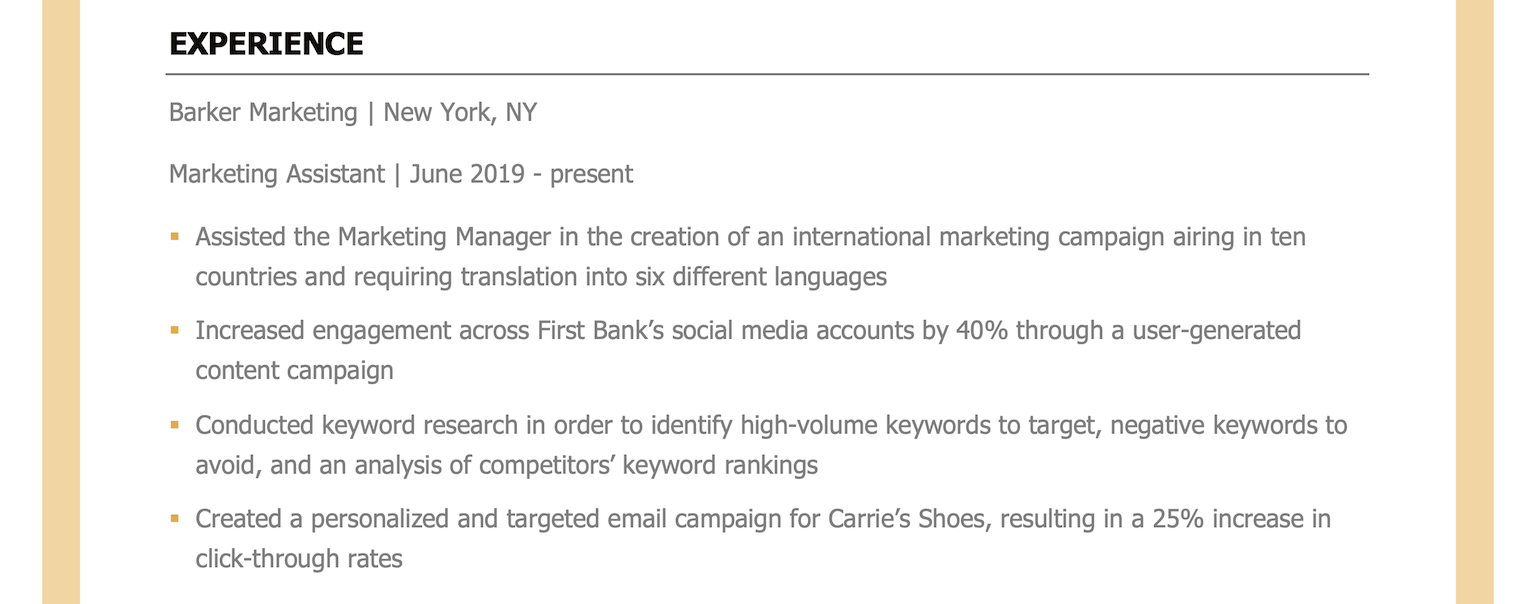 an image of a resume experience section in Microsoft Word