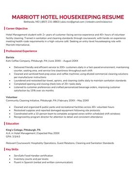 Marriott Housekeeping resume example and template (no experience version)