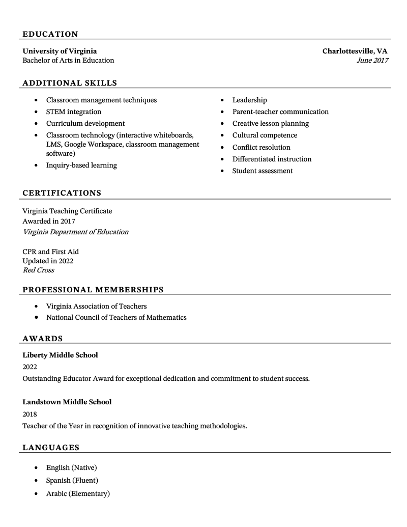 Page two of a master resume example on a black template written by a teacher.
