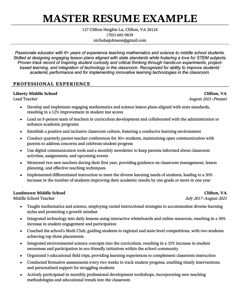 A master resume example on a black template written by a teacher.