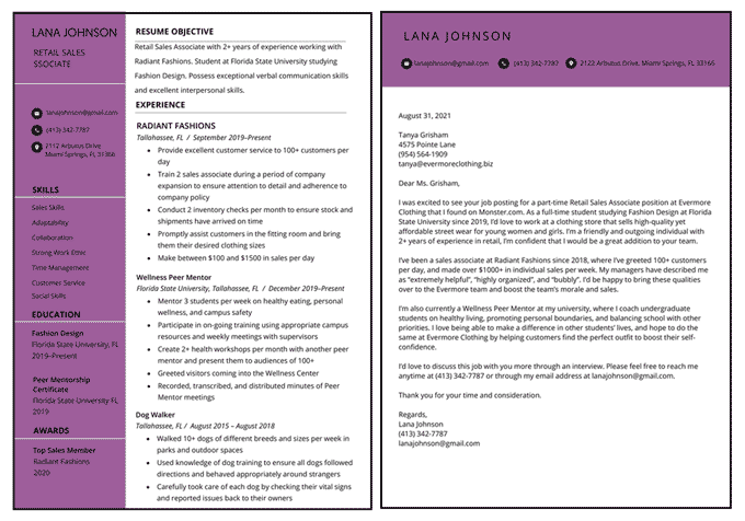 Matching resume and cover letter heading example