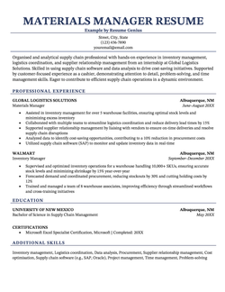 A resume example for a materials manager.