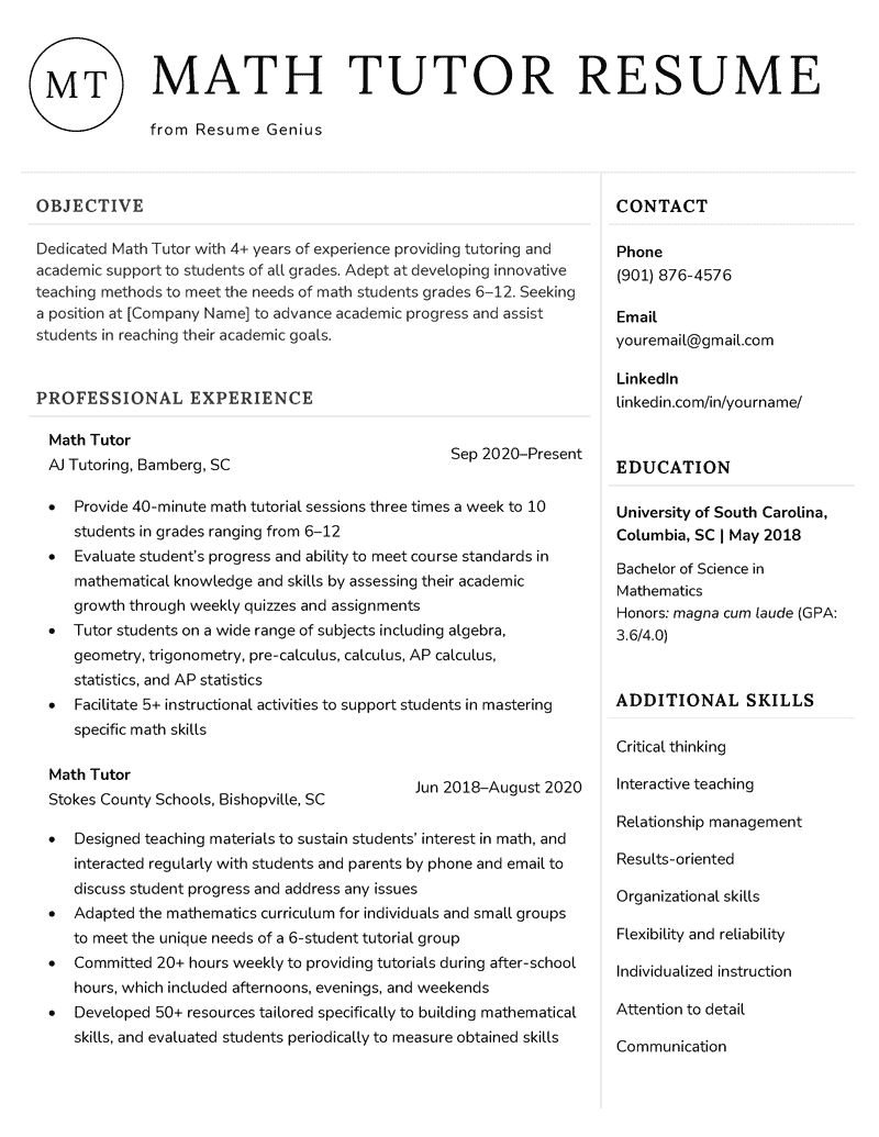 A math tutor resume example with black text on which the applicant's objective and professional experience are located in the left column, and contact information, education, and additional skills are in the right column