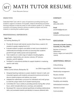 A math tutor resume example with black text on which the applicant's objective and professional experience are located in the left column, and contact information, education, and additional skills are in the right column