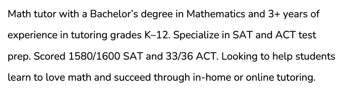 Example of a resume summary for an SAT/ACT math tutor who does online and in-home tutoring