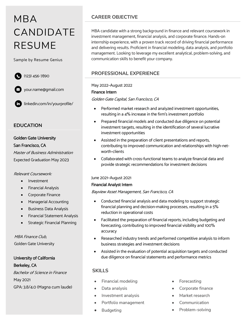 Example of an MBA candidate resume organized into two columns with a gray sidebar.