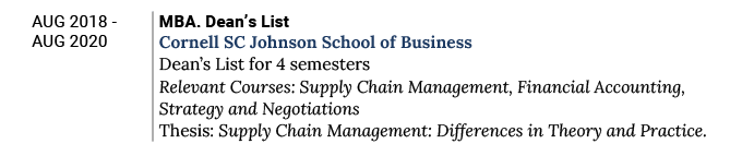 An example of an MBA listed in a resume education section