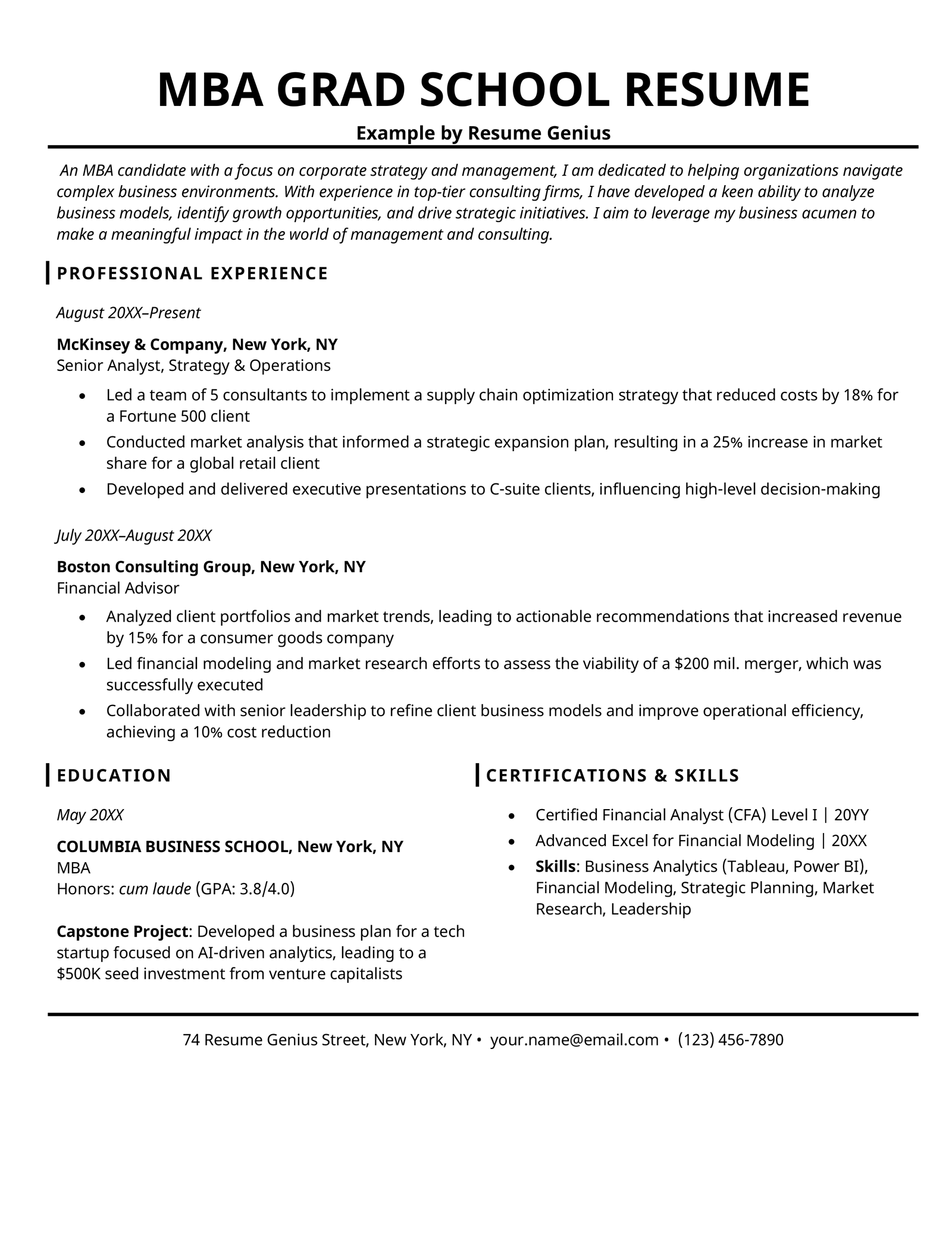 An MBA grad school resume example.