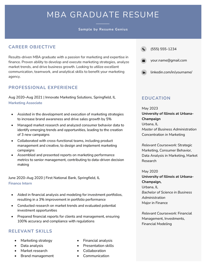 Sample MBA graduate resume with a blue header and two columns to clearly display the candidate's work experience and education.