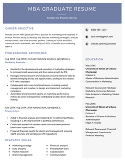 Sample MBA graduate resume with a blue header and two columns to clearly display the candidate's work experience and education.