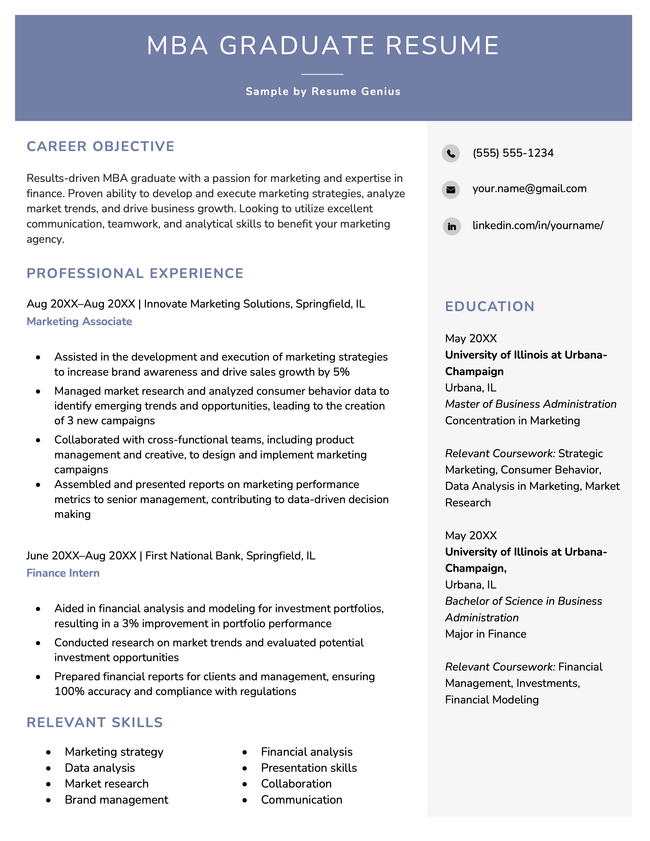 Sample MBA graduate resume with a blue header and two columns to clearly display the candidate's work experience and education.