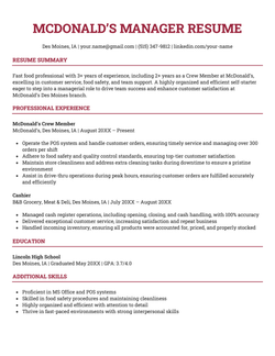 An example McDonald's Manager resume