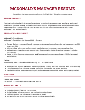 An example McDonald's Manager resume