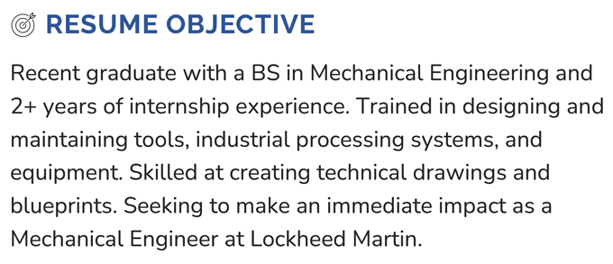 A mechanical engineer resume objective example with a blue header, a target resume icon, and three sentences about the applicant