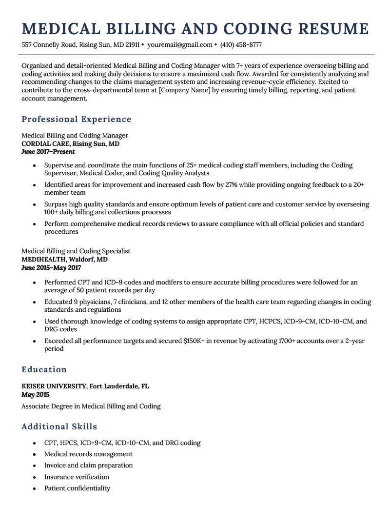 A medical billing and coding resume sample with a dark blue header showcasing the applicant's name and left-aligned dark blue headers in each resume section to display the applicant's objective, work experience, education, and skills