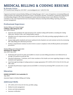 A medical billing and coding resume sample with a dark blue header showcasing the applicant's name and left-aligned dark blue headers in each resume section to display the applicant's objective, work experience, education, and skills