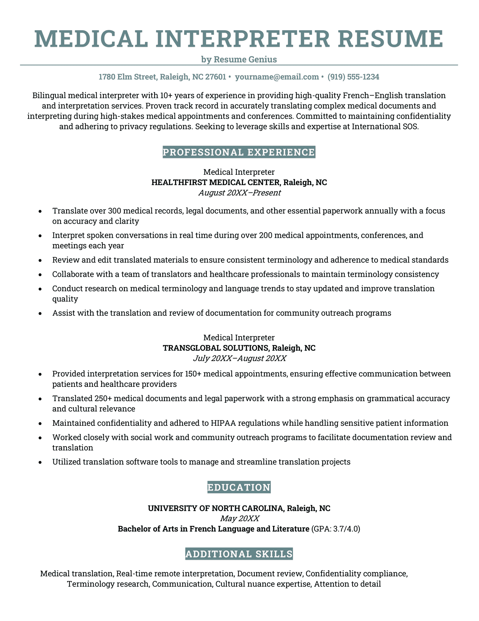 A medical interpreter resume example.