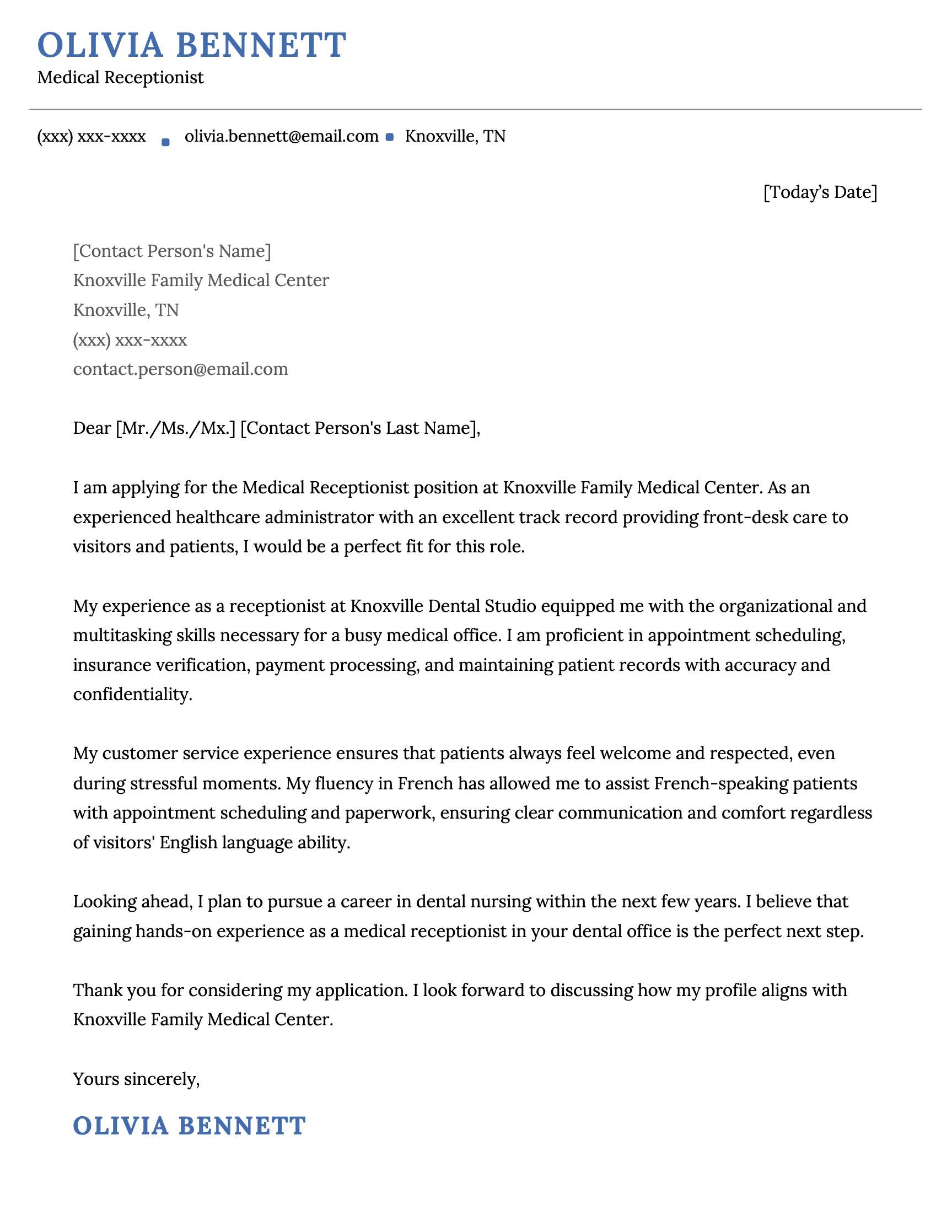 An example medical assistant cover letter for a medical receptionist position.