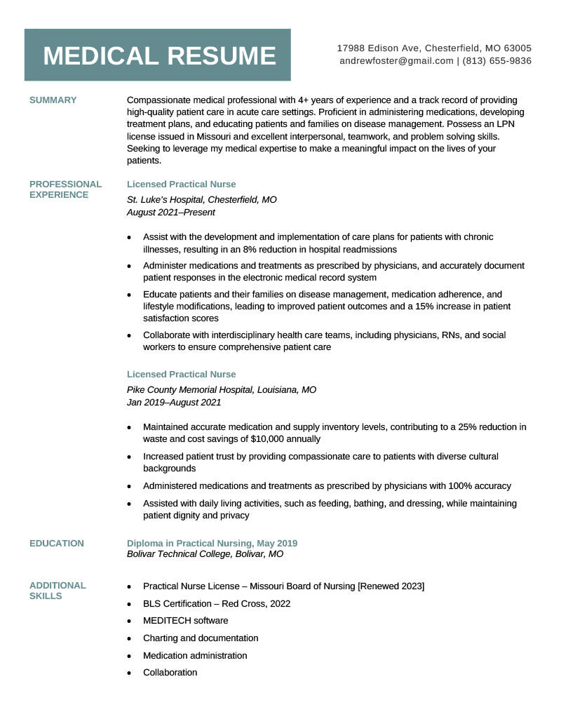 A medical resume example on a turquoise, professional template.