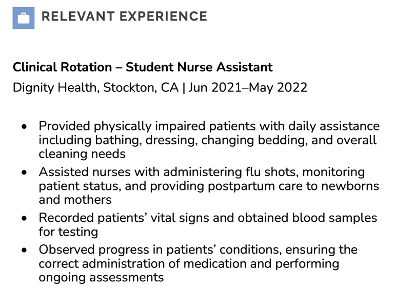 A relevant experience section on a medical resume for a recent graduate.