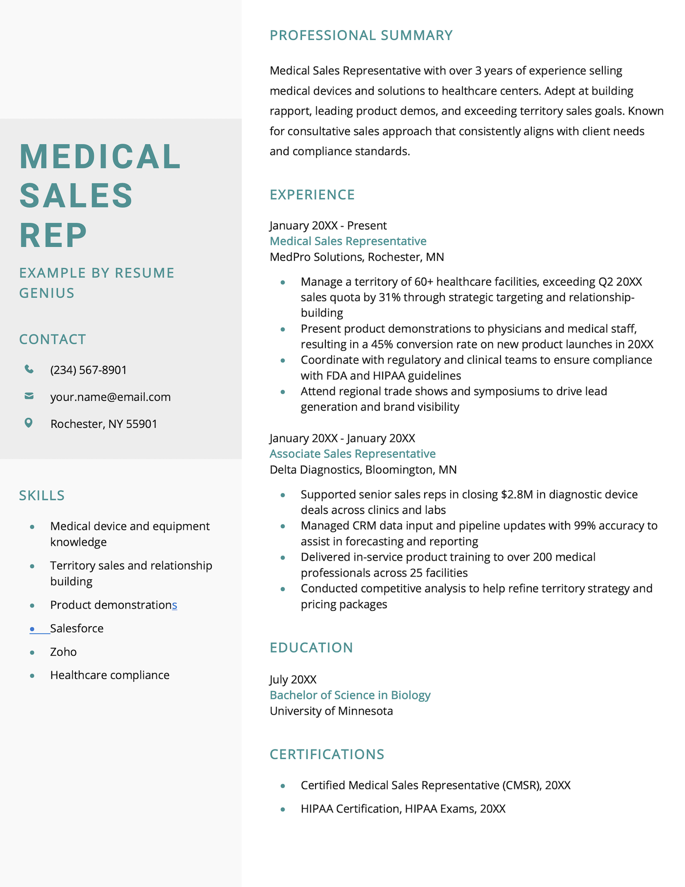 A medical sales representative resume example.