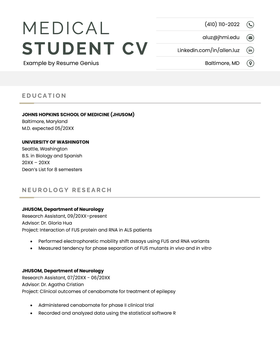 An example CV for a medical student.