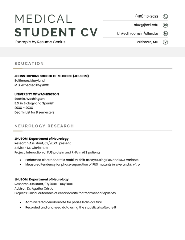 An example CV for a medical student.