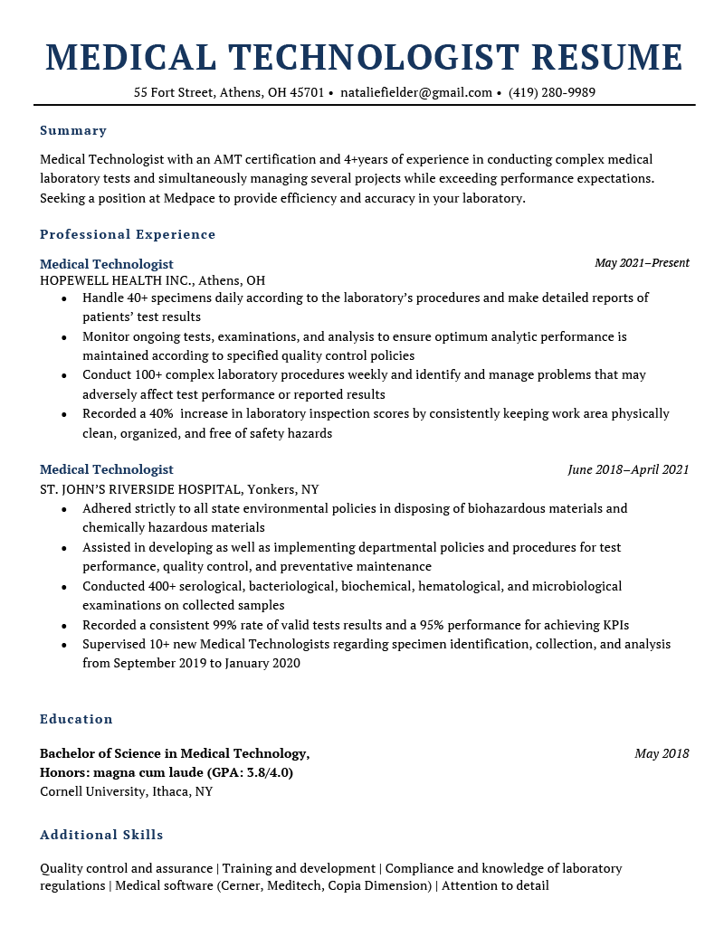A medical technologist resume sample with a horizontal resume header and the name and resume sections in dark blue font
