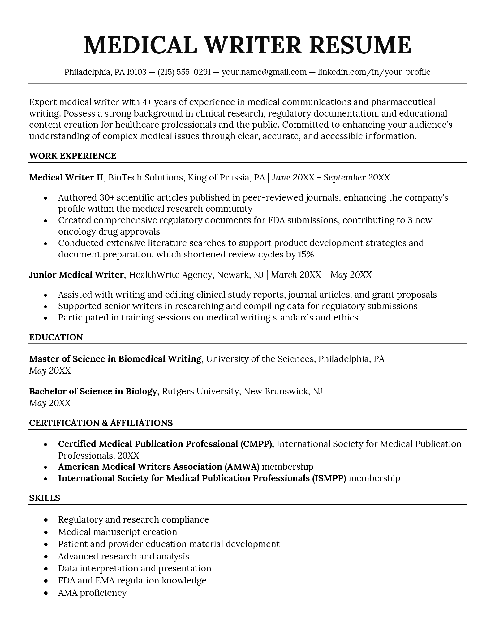 A medical writer resume example.
