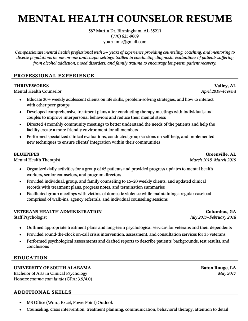 A mental health counselor resume sample with simple black text and sections for the applicant's contact information, resume summary, professional experience, education, and additional skills