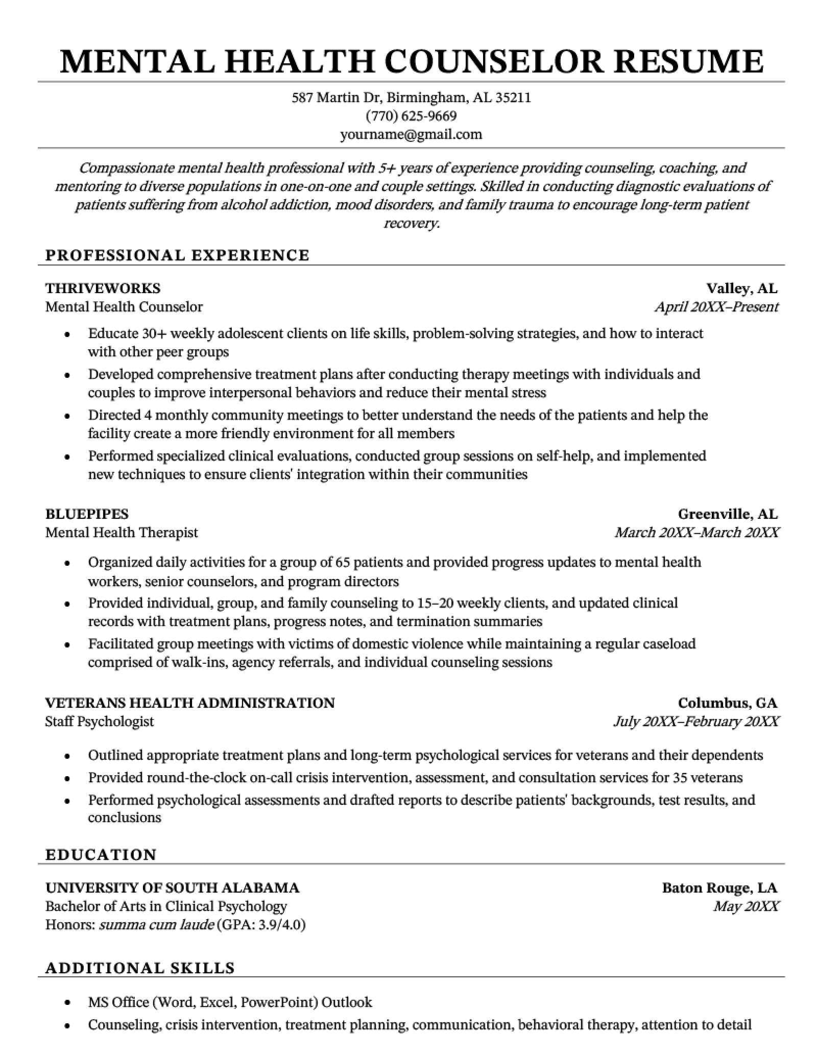 Mental Health Resume Examples