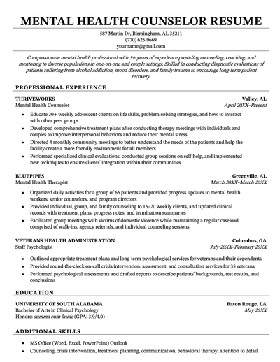 A mental health counselor resume sample with simple black text and sections for the applicant's contact information, resume summary, professional experience, education, and additional skills