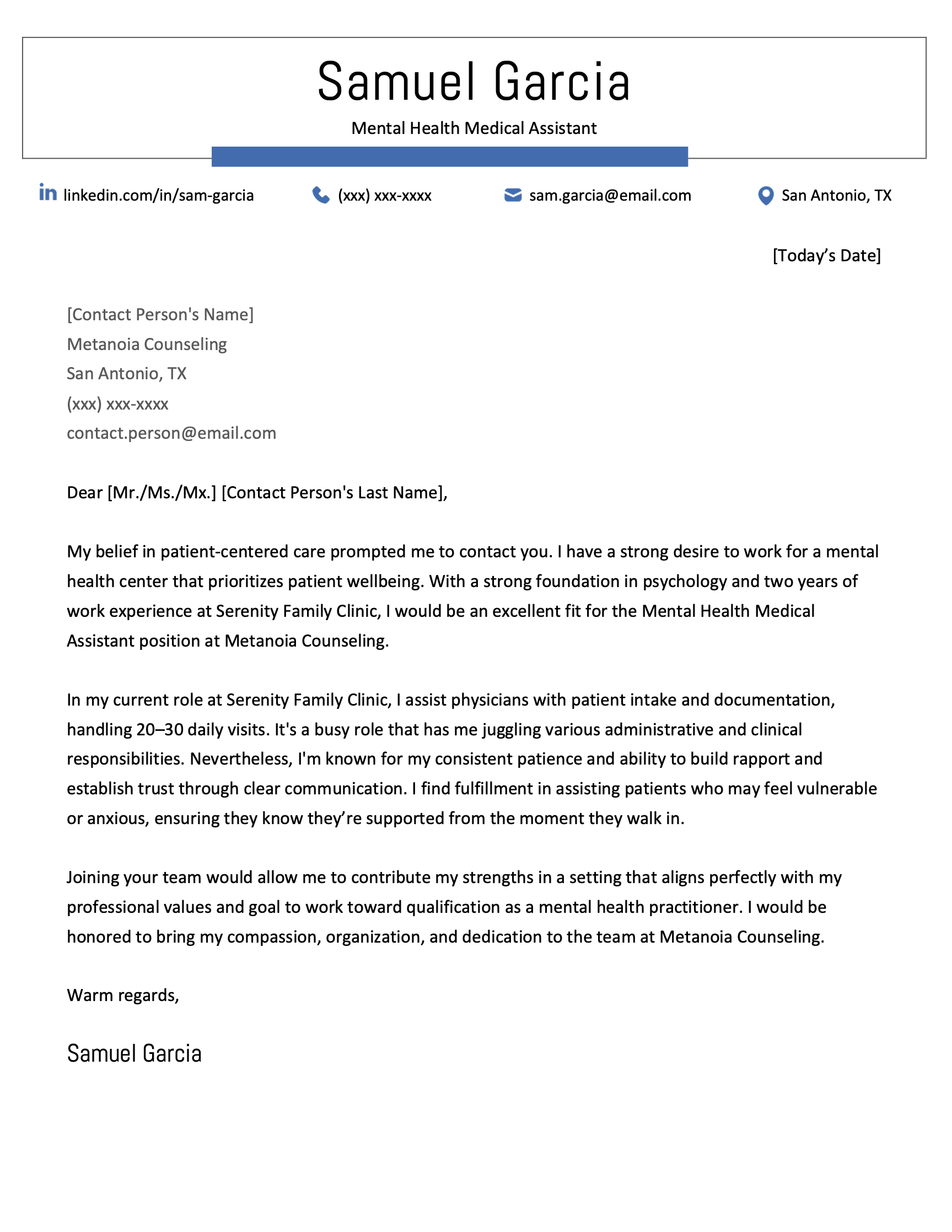 An example medical assistant cover letter for a mental health medical assistant position.