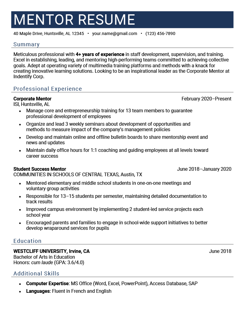 A mentor resume example with a blue header and a resume summary, professional experience, education details, and additional skills