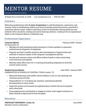 A mentor resume example with a blue header and a resume summary, professional experience, education details, and additional skills