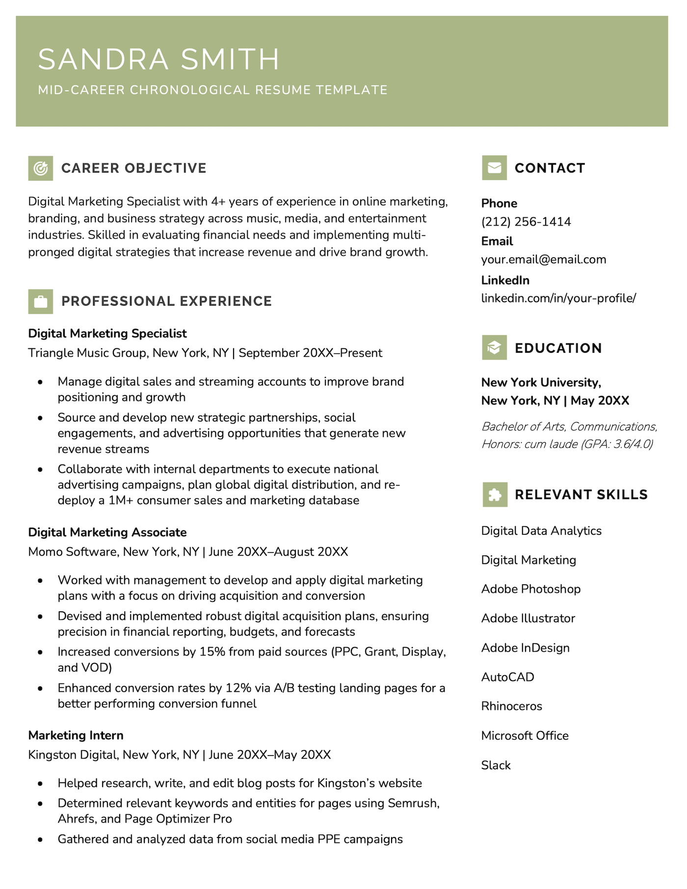 A chronological resume template designed for mid-career professionals.