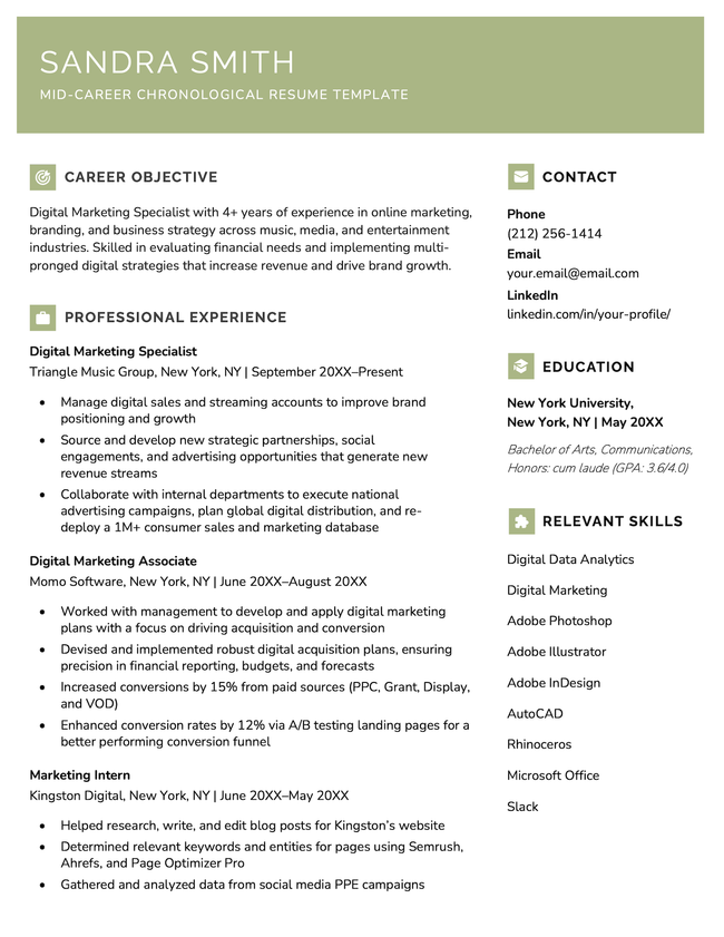 A chronological resume template designed for mid-career professionals.