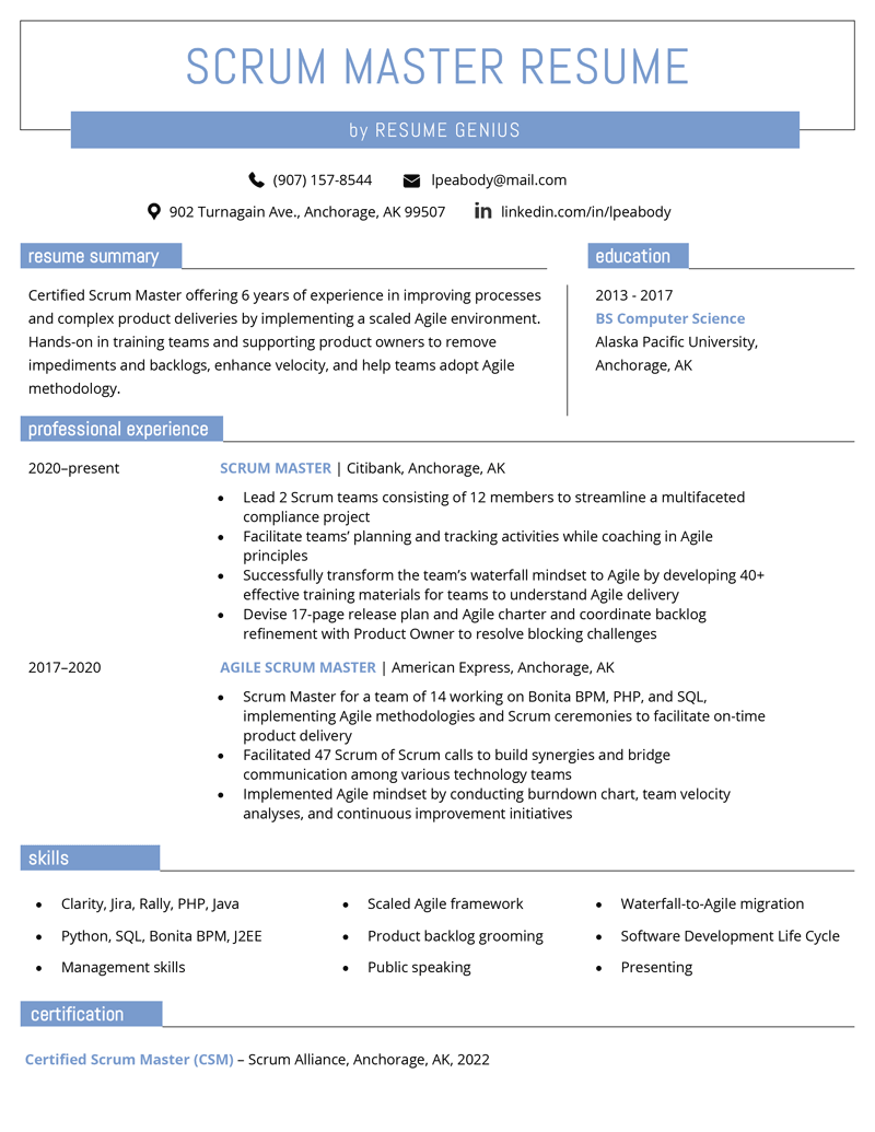A scrum master resume for a mid-level professional that uses blue backgrounds for heading sections to add visual interest, and includes a certifications section at the bottom.
