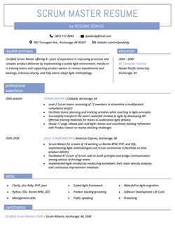A scrum master resume for a mid-level professional that uses blue backgrounds for heading sections to add visual interest, and includes a certifications section at the bottom.